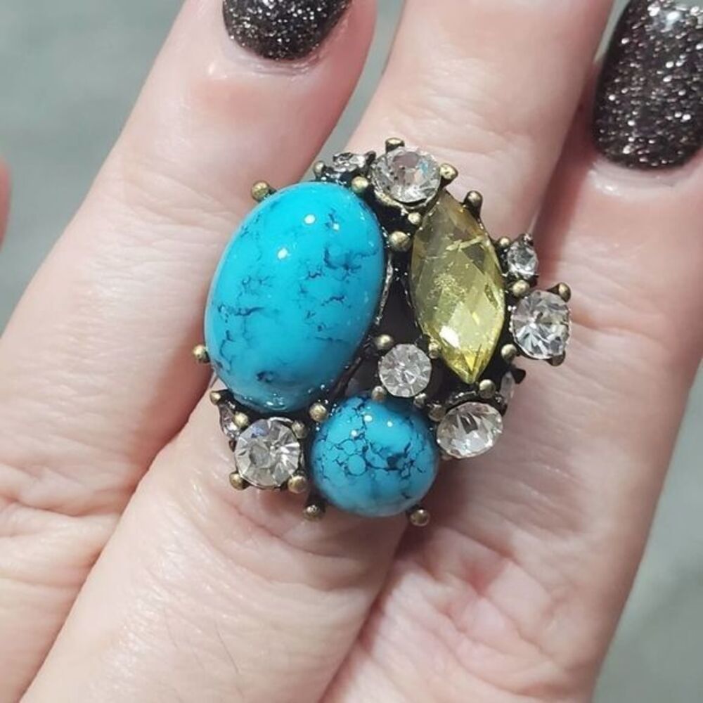 Turquoise Yellow Stone Rhinestone Statement Ring Antique Brass Stretch Band